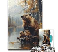 Puzzles for Teenagers 1000 Pieces Beaver Family by The Autumn Lake Hands-on Game Difficult Challenge Secret Santa Gifts (size 50x75cm)