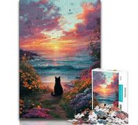 Puzzles for Teenagers 1000 Pieces Black Cat on The Beach,Educational Games Home Decoration Educational Game for Birthday,Chrismas (38x26cm)