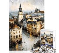 Puzzles for Teenagers 1000 Pieces Cityscape Painting with Tower And Buildings Brain Teaser Game Tough Challenge Educational Toy Parent-child Interaction (38x52cm)