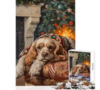 Puzzles for Teenagers 1000 Pieces Cocker Spaniel Dog by Fireplace Christmas Painting Educational Games Perfect Decoration DIY Toys Parent-child Interaction (50x75cm)