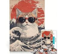 Puzzles for Teenagers 1000 Pieces Cool Cat At The Great Wave, Fun Games, Interesting Stress Reduction, Every Piece Is Unique 38x52cm
