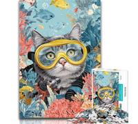 Puzzles for Teenagers 1000 Pieces Diver Cat 1000 Pieces for Teenagers,Staycation Kill Time with Fully Interlocking Randomly Shaped Pieces 26x38cm