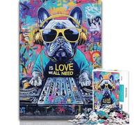 Puzzles for Teenagers 1000 Pieces French Bulldog Wearing Headphones,Educational Games Home Decoration Educational Game for Birthday,Chrismas (38x26cm)