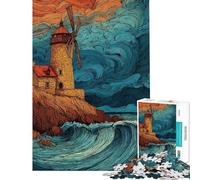 Puzzles for Teenagers 1000 Pieces Lighthouse And Windmill by The Sea Puzzle For Teenagers Stress Reliever Challenging To Complete for Educational Game Challenge Toy (Size 38x26cm)