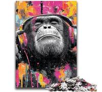 Puzzles for Teenagers 1000 Pieces Monkey with Headphones 1000 Pieces for Adults,Quiz Game for Is Ideal As A Gift for The Whole Family (26x38cm)
