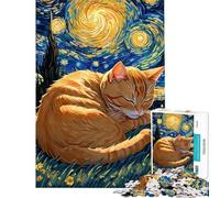 Puzzles for Teenagers 1000 Pieces Orange Tabby Cat Sleeping in Starry Night Adult Puzzles Hands-on Game But Fun And Humorous Christmas Birthday Gifts (Size 38x26cm)