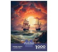 Puzzles for Teenagers 1000 Pieces Pirate Ship Sunset Ocean Jigsaw Puzzle Brain Teaser Game A Work of Art Unique Birthday And Xmas Gifts 38x26cm/1000pcs