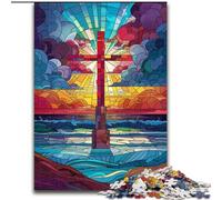Puzzles for Teenagers 1000 Pieces Stained Glass Cross,Stress Reliever Difficult Challenge Every Piece Is Unique - Challenging Family Fun Game 50x75cm