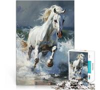 puzzles for teenagers 1000 pieces White Horse Running Through Waves Hands-on-Spiel mit passendem Poster und Quizblatt75x50cm