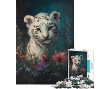 Puzzles for Teenagers 1000 Pieces White Tiger Cub in Flowers 1000 Jigsaw Puzzle Educational Toy Stress Reliever Birthday And Unique Gifts (38x26cm)