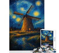 Puzzles for Teenagers 1000 Pieces Windmill Under A Starry Night Impossible Game Learning Educational Anti-Stress Toys Birthday Present,Travel Gifts, (50X75cm)