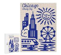 Puzzles for Teenagers 500 PCS Chicago Windy City Blue Illustration Jigsaws for Adults Puzzle Pattern Assembly Challenging To Complete Family Fun & Game Night 500 PCS
