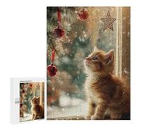 Puzzles for Teenagers 500 PCS Christmas Kitten Window Snow Puzzle For Teenagers Analysis And Logic Difficult And Challenge Great Gift for Gaming 500 PCS