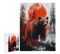 Puzzles for Teenagers 500 PCS Grizzly Bear in Forest with Red Sun Jigsaws for Adults Puzzle Pattern Assembly Challenging To Complete Family Fun & Game Night 500 PCS