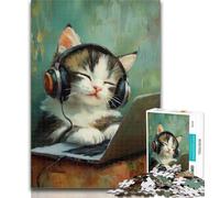 Puzzles for Teenagers Cat Listening to Music Jigsaw Puzzles for Adults,Challenging Game Toys for Is Ideal As A Gift for The Whole Family 26x38cm