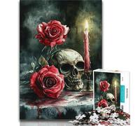 Puzzles for Teenagers Skull Red Rose Candle 1000 Piece Jigsaw Puzzles for Adults,gifts for Friends And Family for Age 14 Years Up (26x38cm)