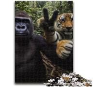 Puzzles for Teenagers Teens 1000pc Puzzle Chimpanzee And Tiger Selfie Vibrant And Unique Design Relaxing & Challenging Puzzle Experience 26x38cm