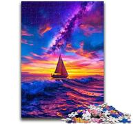 Puzzles for Teenagers Teens 1000pc Puzzle Sailboat on The Sea Under The Galaxy Stress Reliever Staycation Kill Time with Matching Poster And Trivia Sheet 50x75cm