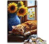 Puzzles for Teenagers Teens 1000pc Puzzle Sunflowers And Cats Staycation Kill Time with Fully Interlocking Randomly Shaped Pieces 50x75cm