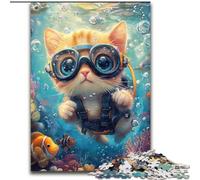 Puzzles for Teenagers Teens 1000pc Puzzle Undersea Diver Cat, Stress Relief with Fully Interlocking Randomly Shaped Pieces for And 14 Years Old (size 26x38cm)