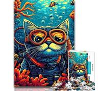 Puzzles for Teenagers Undersea Diver Cat 1000 Pieces Jigsaw Puzzles for Adults And Teens,Wall Decoration Unique Birthday And Xmas Gifts Suitable for And 14 26x38cm
