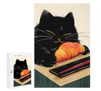 Puzzles for Teenagerss 1000 PCS Black Cat Eating Croissant Jigsaw Puzzle Brain Teaser Game Birthday Present Fun at Home Activities, 1000 PCS