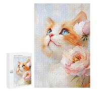 Puzzles for Teenagerss 1000 PCS Cute Orange Tabby Cat with Peonies Jigsaw Puzzle Toy Wall Decor Home Decoration Unique Birthday And Xmas Gifts 1000 PCS