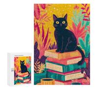 Puzzles for Teenagerss 300 PCS Black Cat on Stack of Books Jigsaw Puzzle Relax Games Perfect Decoration Unique Birthday And Xmas Gifts 300 PCS