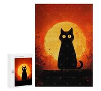 Puzzles for Teenagerss 300 PCS Black Cat Silhouette with Orange Moon Jigsaw Puzzle Toy Wall Decor Home Decoration Unique Birthday And Xmas Gifts 300 PCS
