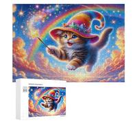 Puzzles for Teenagerss 300 PCS Magical Kitten in Rainbow Hat Teenagers Puzzles Relaxing Games Presents for Women Fun Activities at Home 300 PCS