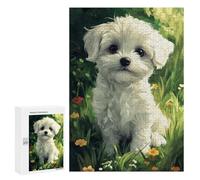 Puzzles for Teenagerss 300 PCS Maltese Dog Puppy in Flowers Puzzles for Adults Fun Games Perfect Decoration Unique Birthday And Xmas Gifts 300 PCS