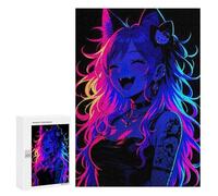 Puzzles for Teenagerss 300 PCS Neon Catgirl with Hello Kitty Bow Jigsaw Puzzle Relax Games Perfect Decoration Unique Birthday And Xmas Gifts 300 PCS
