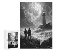 Puzzles for Teenagerss 300 PCS Romantic Stormy Shore with Lighthouse - Charcoal Art Adult Jigsaw Puzzle Toy Wall Decor Difficult Challenge Christmas Birthday Gifts 300 PCS