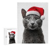 Puzzles for Teenagerss 500 PCS Russian Blue Cat with Santa Hat Jigsaws for Adults Relaxing Games Difficult Challenge Fun Activities at Home 500 PCS