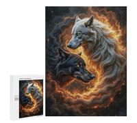 Puzzles for Teenagerss 500 PCS Yin Yang Two Wolves in Fiery Circle Jigsaw Puzzle Brain Teaser Game Birthday Present Fun at Home Activities, 500 PCS
