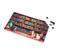 Puzzles For Toddlers 2-4 Three Cats Sit On A Patterned Rug In Front Of Colorful Bookshelves Picture Puzzle Toys For Boys 6-8 Toys For Boys 4-6(1000PCS)