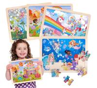 Puzzles Gifts For 3 Year Olds Girl, Unicorn Mermaid Princess Fairy Jigsaw Puzzles Toys for Toddlers 3-6 Year Olds, 4x24Pcs Wooden Jigsaws Puzzle, Travel Games Airplane Activities for Girls