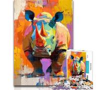 Puzzles Rhino Oil Painting 1000 Piece Jigsaw Puzzles for Teenagers,Challenging Difficult with Fully Interlocking Randomly Shaped Pieces 50x75cm