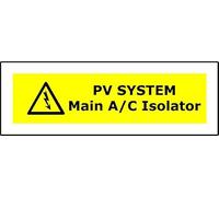 PV System Main A/C Isolator self-adhesive vinyl sign - Photovoltaic Installation, High Visibility Warning Sign for Any Building with Photovoltaic PV Solar Panel Installed (Yellow/Black, 20 x 7.5cm)