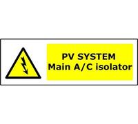 PV System Mains A/C Isolator | High Visibility Safety Warning Sign | Aluminium Sign for Solar PV System Electrical Room Plant Room Switchgear Maintenance Area Indoor Outdoor Wall Door