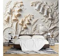 PVC 3D Embossed Bird Bluebell Floral Wallpaper Peel and Stick 280 X 460Cm Wall Mural Relief Effect Removable Waterproof Wallpaper Mural Modern Wall Decor for Living Room Bedroom