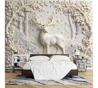 PVC 3D Embossed Floral Tree Deer Wallpaper Mural, Peel and Stick Wallpaper 200 X 250Cm Wall Mural Raised Effect Removable Waterproof Feature Wall Decoration for Living Room Bedroom