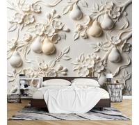 PVC 3D Embossed Pear Wallpaper Mural, Peel and Stick Wallpaper 290 x 480cm Raised Effect Fruit Floral Wall Mural Removable Waterproof Feature Wall Decor for Living Room Bedroom
