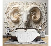 PVC 3D Embossed Peel and Stick Wallpaper Ram Head Wall Mural 100 x 150cm Classical Animal Relief Textured Removable Waterproof Wallpaper for Living Room Bedroom Feature Wall Decor