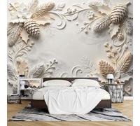 PVC 3D Embossed Pine Cone Holly Wallpaper Mural, Peel and Stick Wallpaper 280 X 371Cm Wall Mural Raised Effect Removable Waterproof Modern Feature Wall Decor for Living Room Bedroom