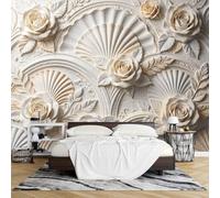 PVC 3D Embossed Shell Rose Floral Wallpaper Peel and Stick 260 X 420Cm Wall Mural Relief Effect Removable Waterproof Wallpaper Mural Modern Wall Decoration for Living Room Bedroom