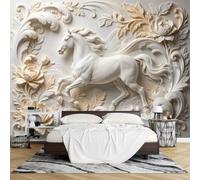 PVC 3D Embossed Wallpaper Peel and Stick 180 X 280Cm Peony Running Horse Wall Mural Relief Effect Removable Waterproof Wallpaper Mural Modern Wall Decoration for Living Room Bedroom