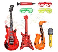 PVC Balloon Instruments Set, Inflatable Guitar, Saxophone, Microphone + Air Pump & 3 Party Glasses, Air Guitars for Music Party Decoration, Photo Box, Birthday, Concert, Rock Theme