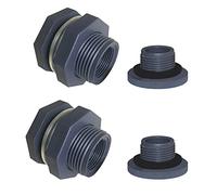 PVC Bulkhead Fitting Water Tank Connector Adapter Fitting with Plugs for Rain Barrels, Water Tank, Aquariums and Ponds (1"-2pcs)