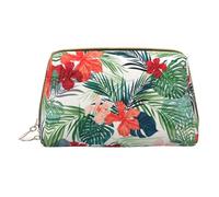 PVC Leather Makeup Bag Vegetation Leaves with Hibiscus Flowers Zipper Travel Cosmetic Organizer for Daily Use, White, One Size, White, standard size